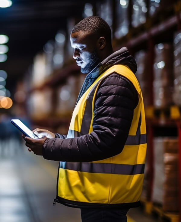 Mitarbeiter eines Warenagers, der mit einem Tablet arbeitet